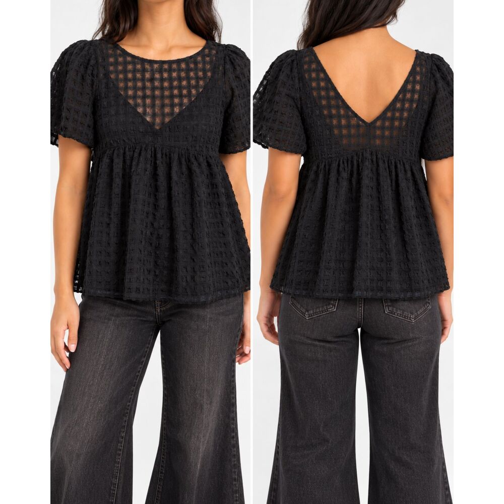 Urban Outfitters Black Textured Babydoll Top Deep V Back Puff Sleeve Sheer